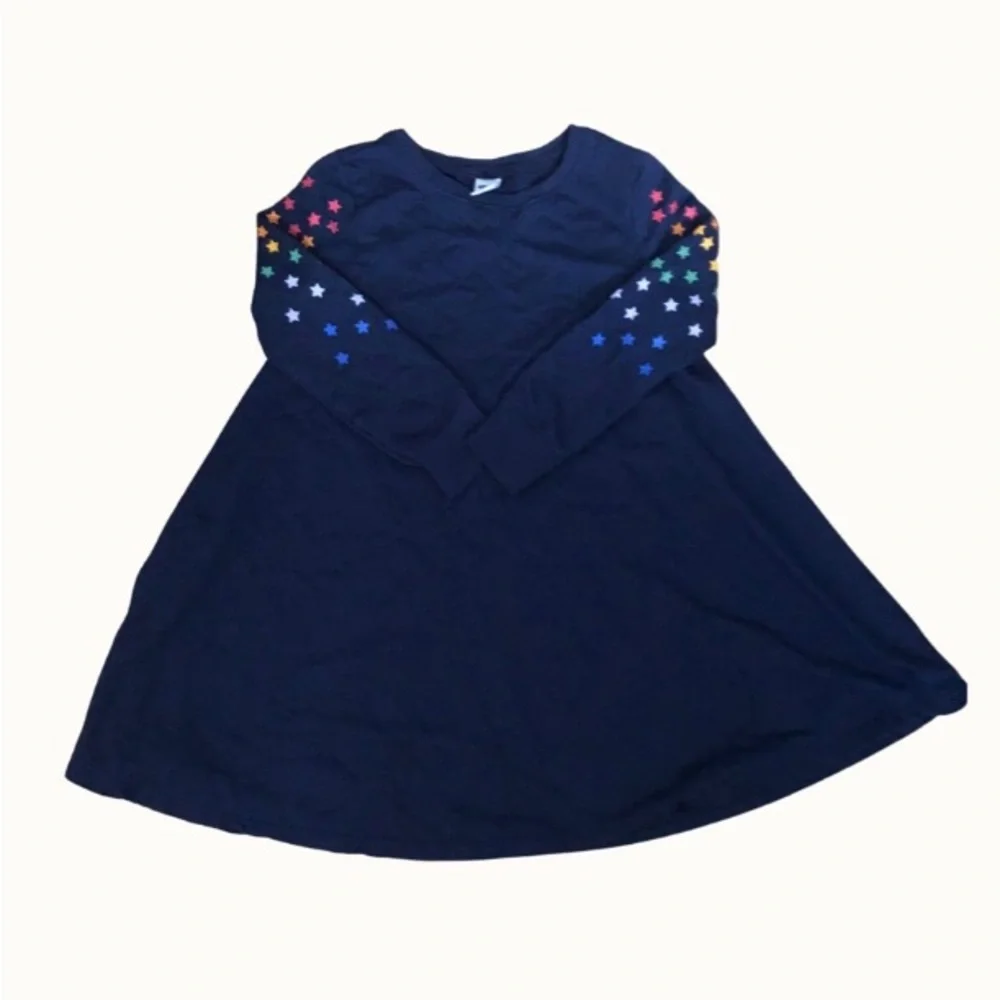 Artsy Lofi Rainbow Star Shoulder‎ Navy Blue Long Sleeve Babydoll Dress size 5T